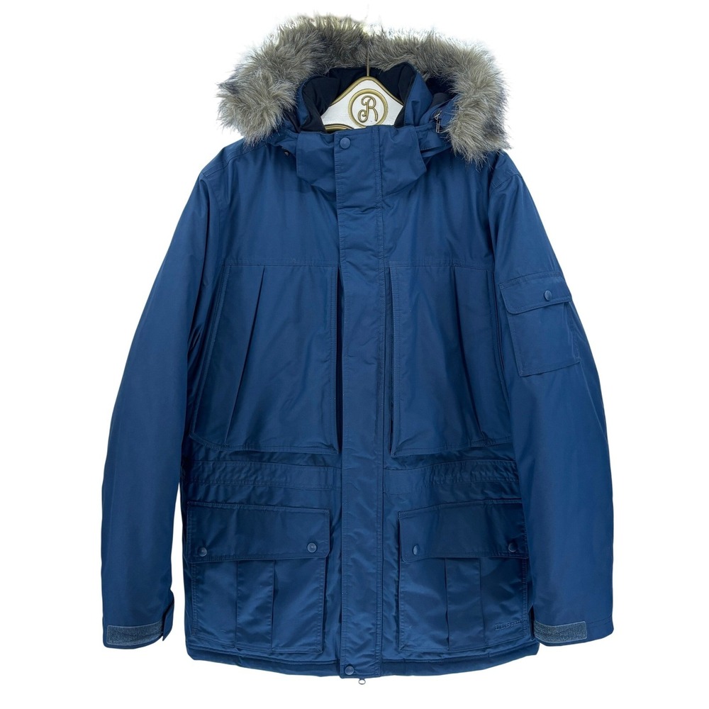 L.L. Bean Down Parka Jacket Men XL Blue Faux Fur Hood Goose Coat‎ Winter Storage